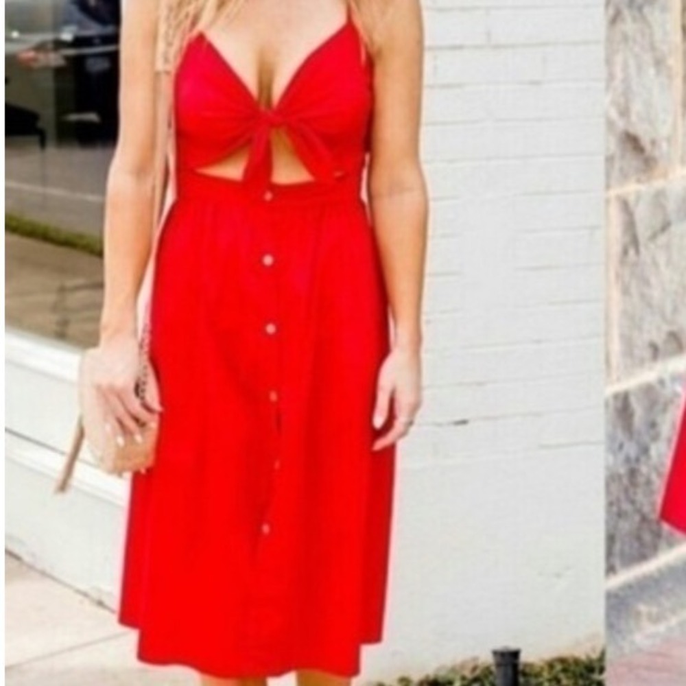 GB Red Tie Front‎ Cutout Button Down Midi Dress Small Summer Sundress